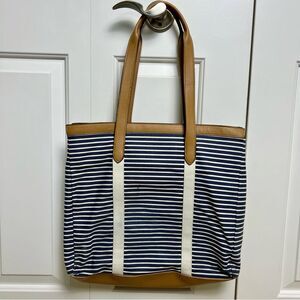 A NEW DAY Striped Tote Canvas Faux Leather Blue White Tan